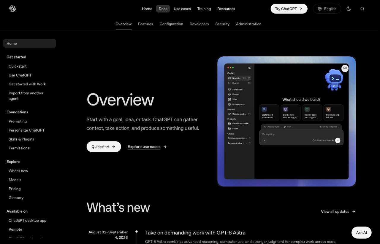 OpenAI Codex developer documentation showing the coding agent