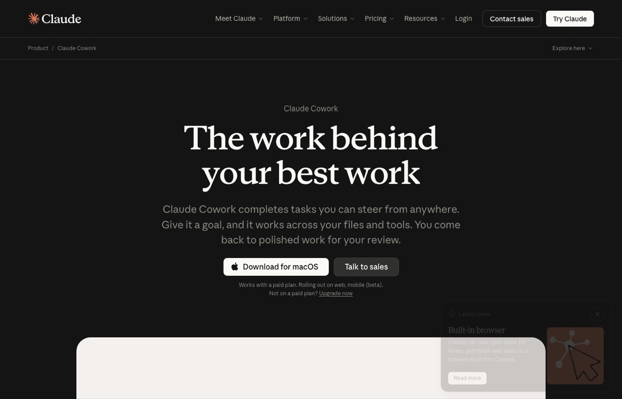 Claude Cowork product page showing agent work without a terminal
