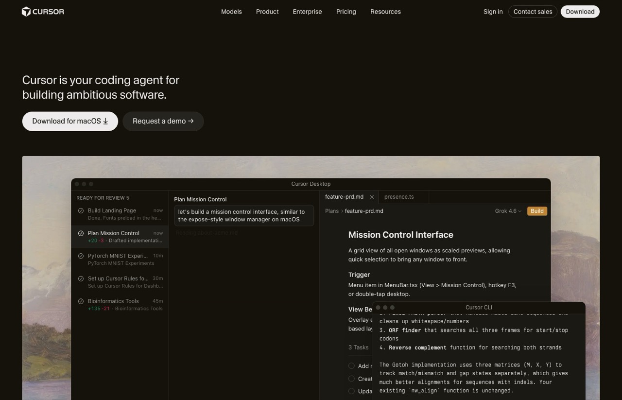 Cursor homepage showing the AI code editor