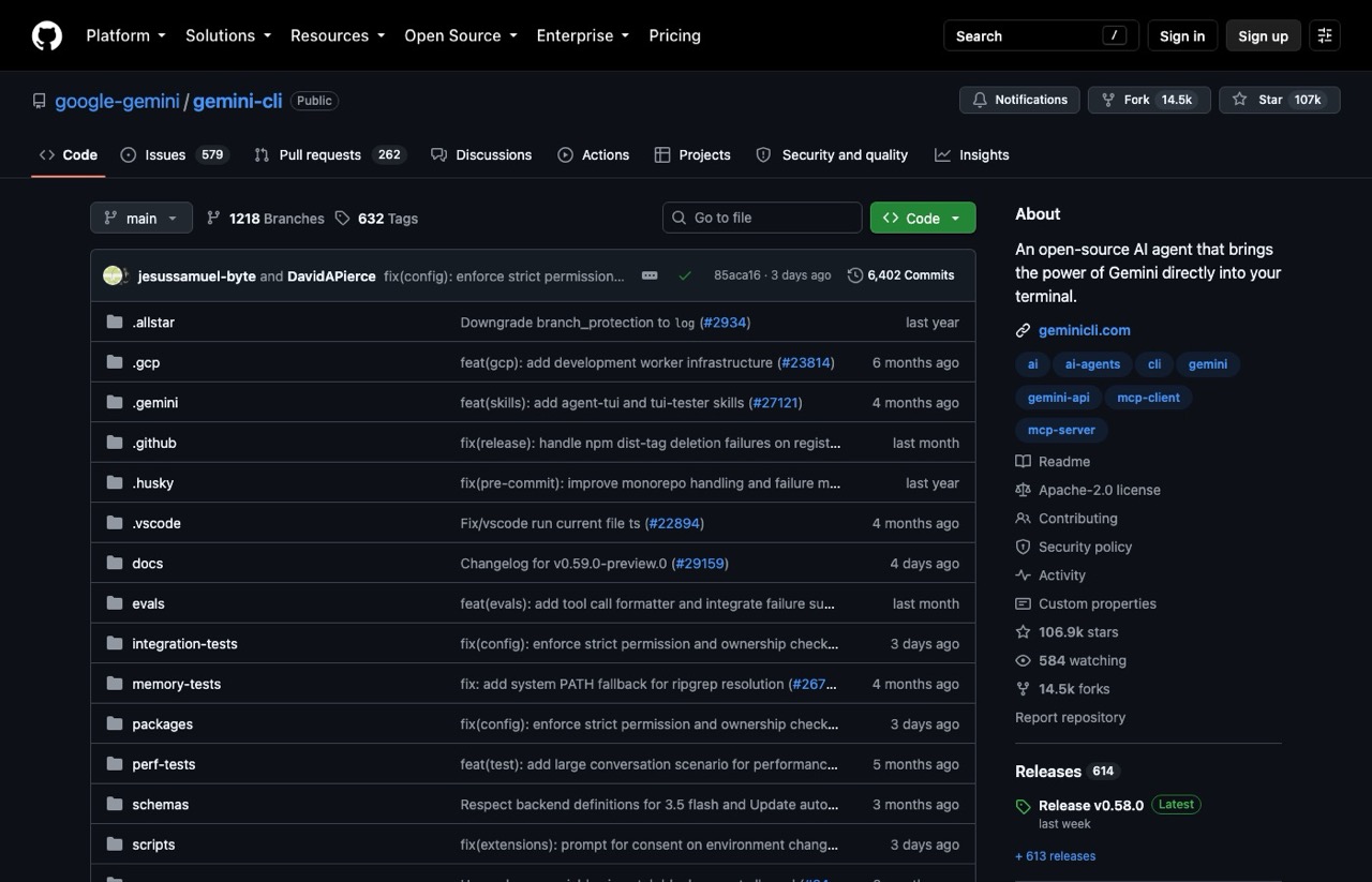 Gemini CLI GitHub repository showing the open source terminal agent