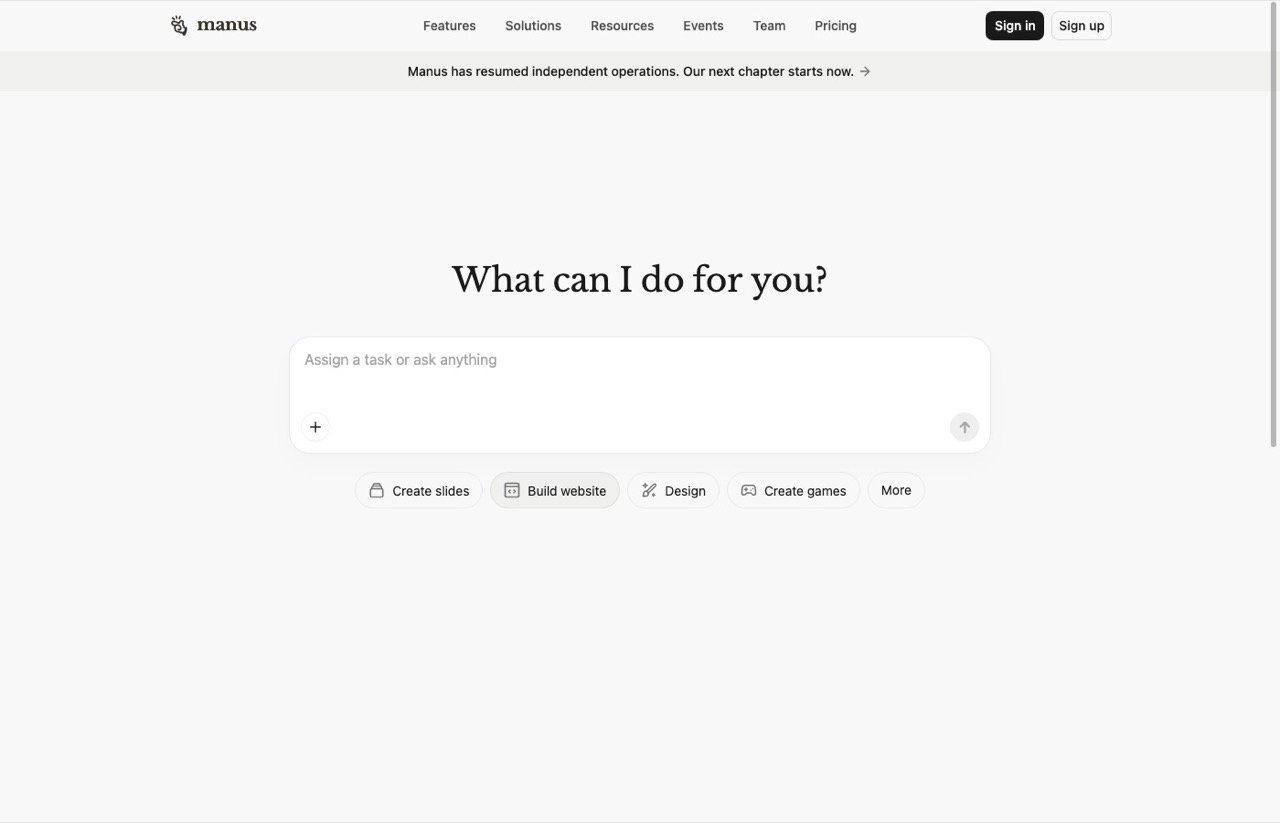Manus homepage showing an AI agent that executes assigned tasks