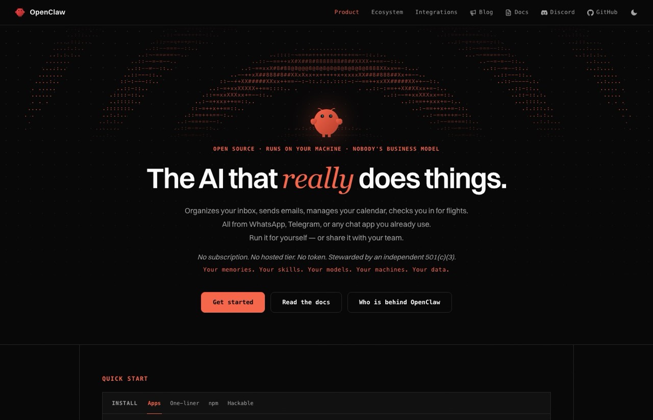 OpenClaw homepage showing the open source self-hosted AI agent