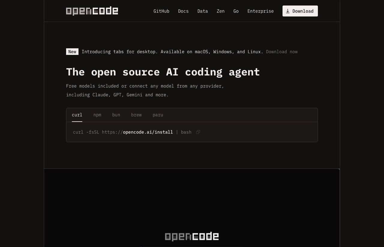OpenCode homepage describing itself as the open source AI coding agent