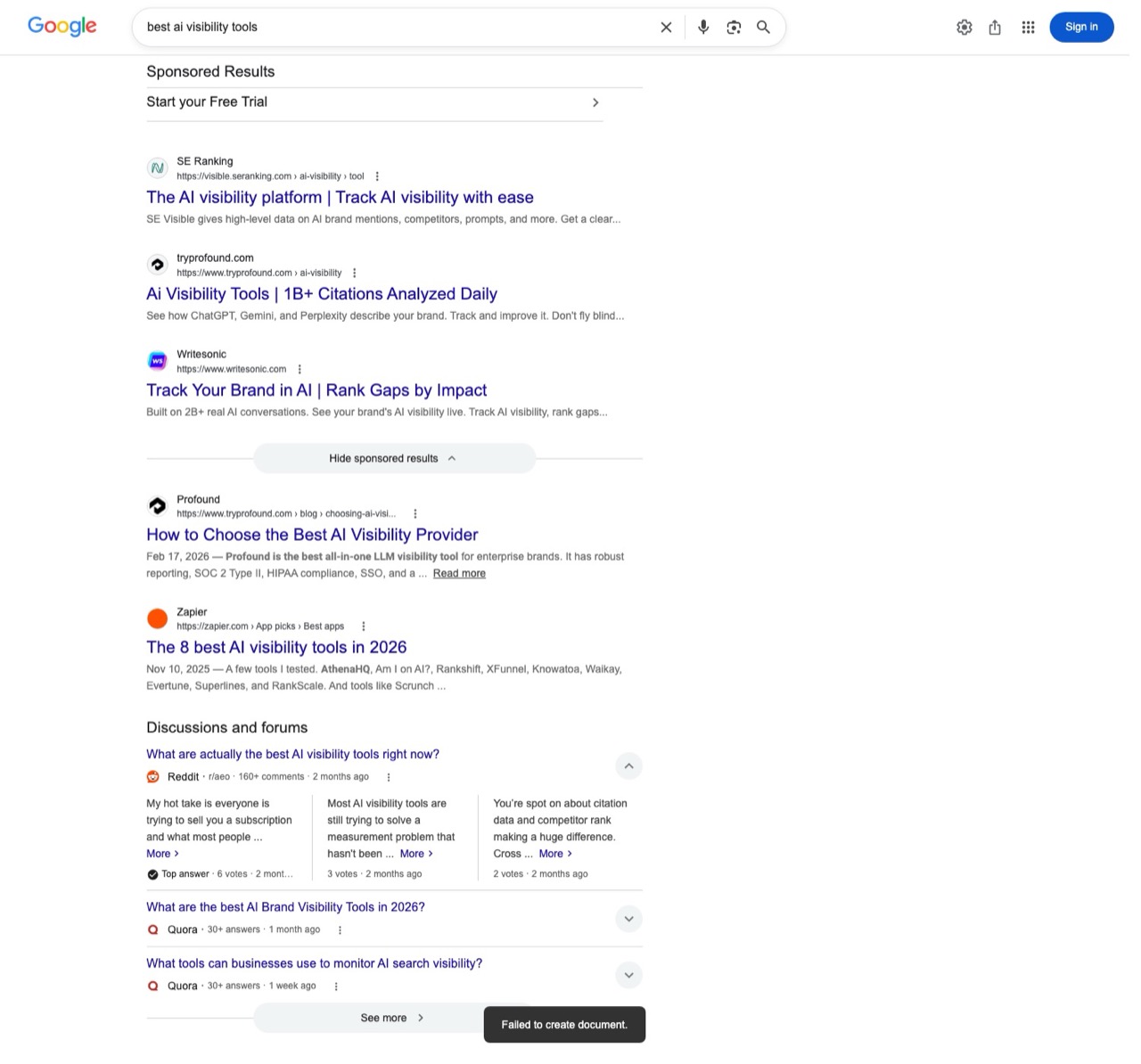 Best AI visibility tools search results showing Profound ranking its own page