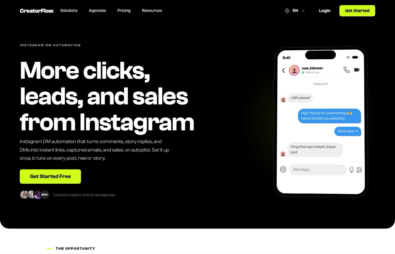 CreatorFlow homepage showing flat price Instagram DM automation for creators