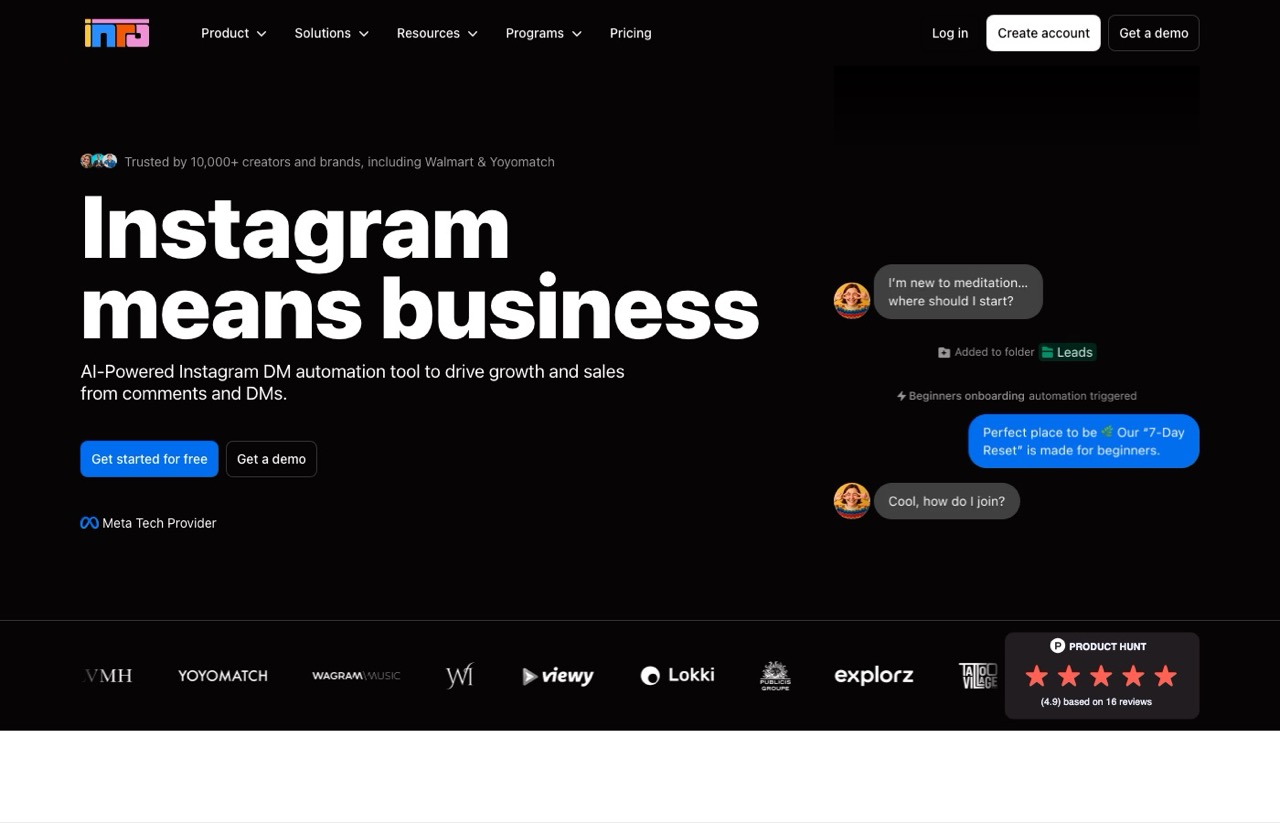 Inro homepage showing Instagram DM automation and contact CRM
