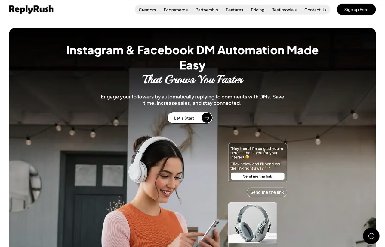ReplyRush homepage showing Instagram and Facebook DM automation