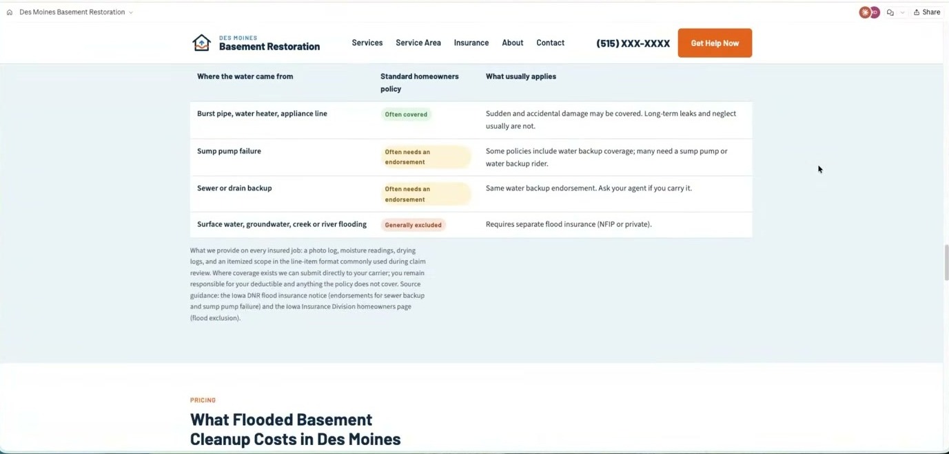 Claude Fable 5.1 homepage for a flooded basement company, showing an insurance table with off-center text inside the colored pills