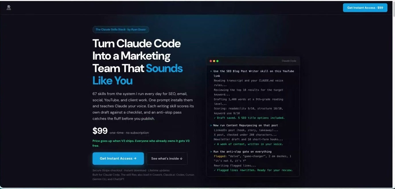 Claude Fable 5.1 redesign of the Claude Code Skills Stack landing page, keeping the dark navy and blue brand colors