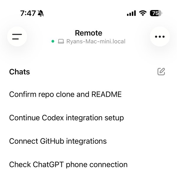 ChatGPT mobile app showing a Remote connection to a Mac Mini with active chats