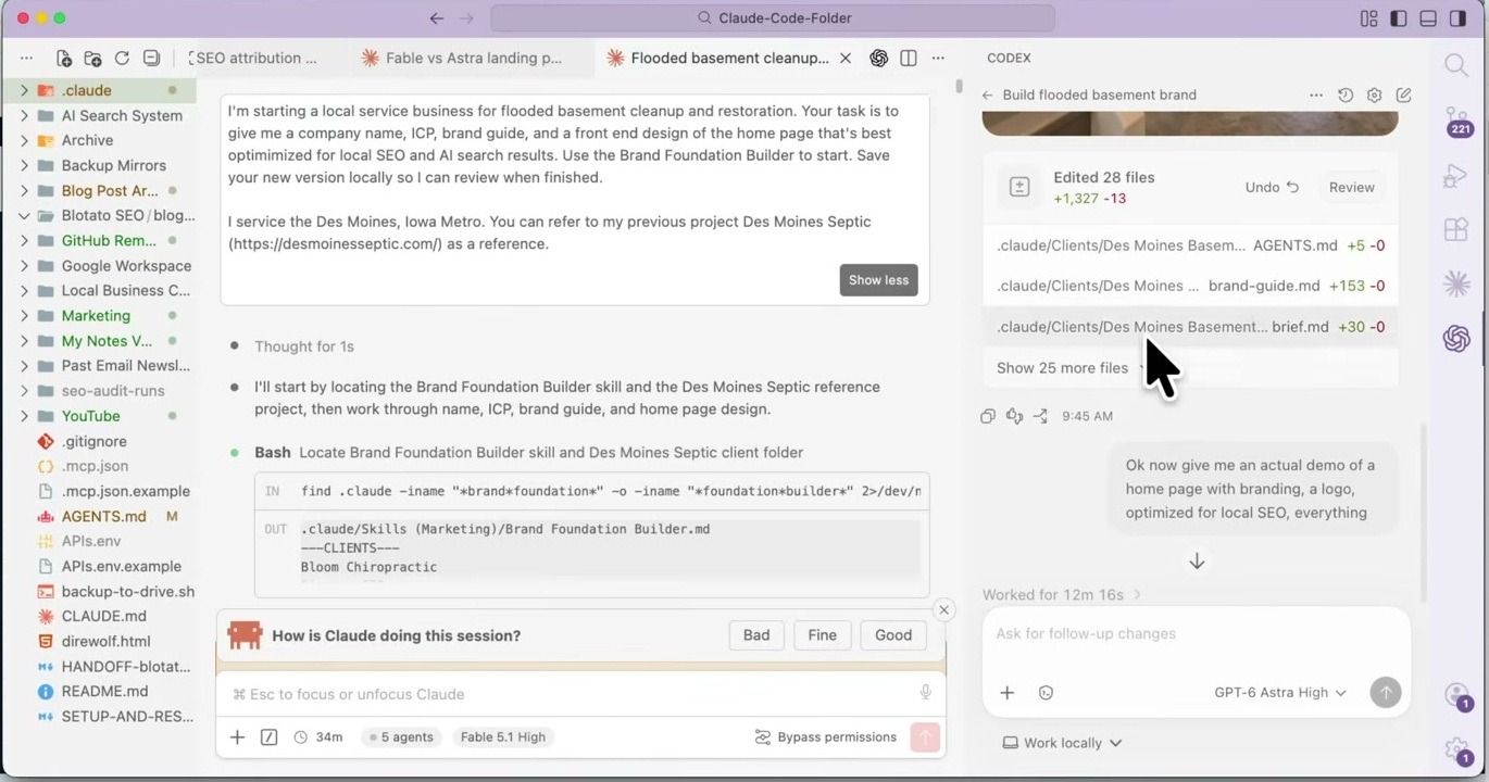 VS Code with Claude Code running Fable 5.1 on the left and Codex running GPT-6 Astra on the right, given the same prompt