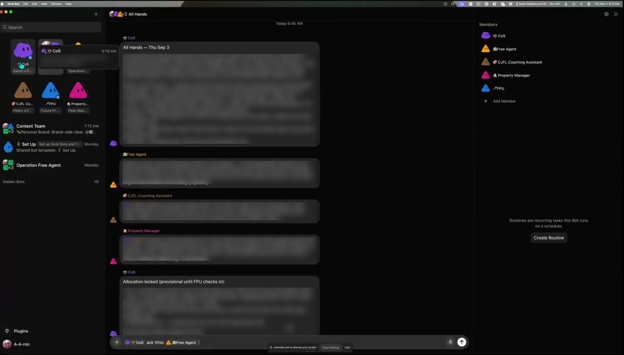Grok Bot All Hands group chat showing five AI bots reporting to a Chief of Staff bot