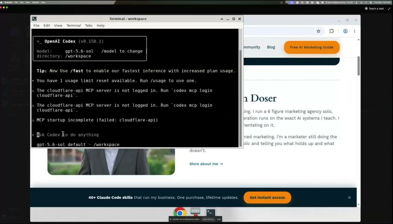 OpenAI Codex running in a terminal on Grok Bot's cloud virtual machine
