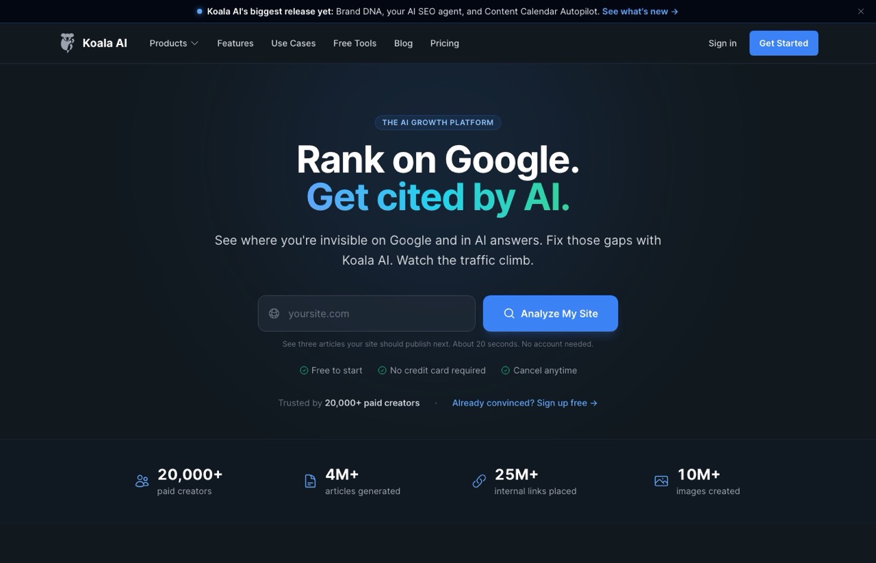Koala AI homepage offering to rank on Google and get cited by AI, an Outrank alternative from 9 dollars