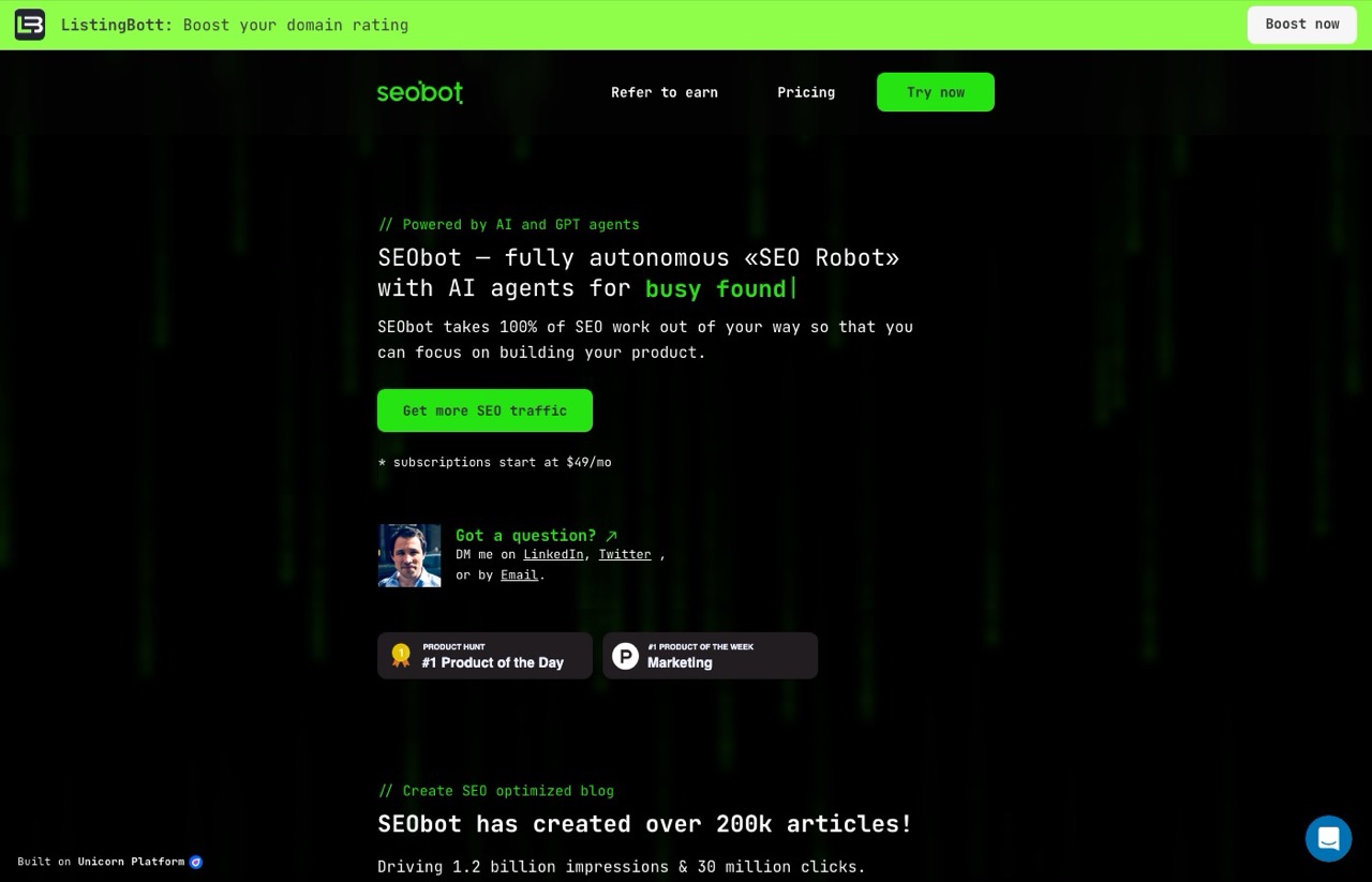 SEObot homepage describing a fully autonomous SEO robot with AI agents, from 49 dollars a month