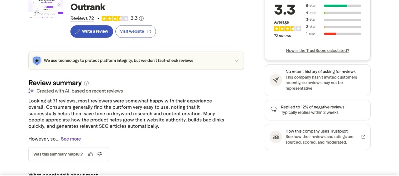 Outrank alternatives research showing the live Trustpilot profile at 3.3 out of 5 from 72 reviews